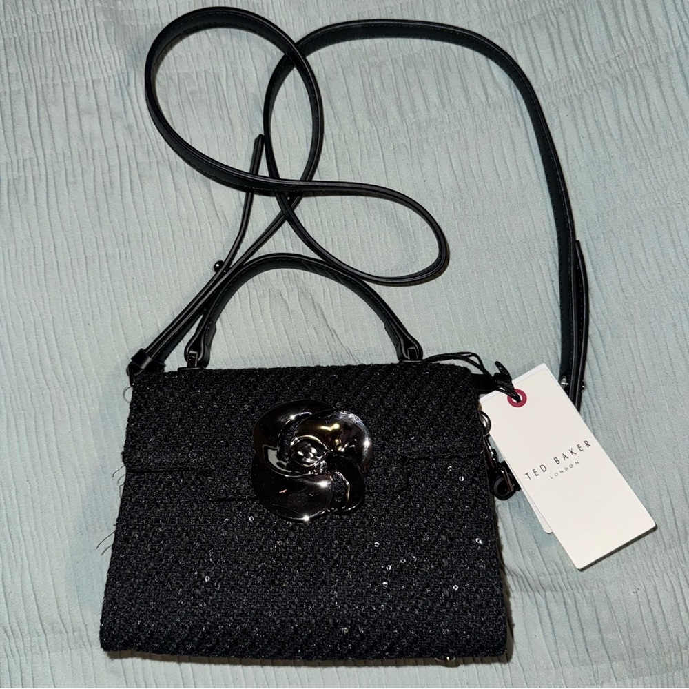 Ted Baker Black Sequin Tweed Mini Crossbody with Floral Turn-Lock